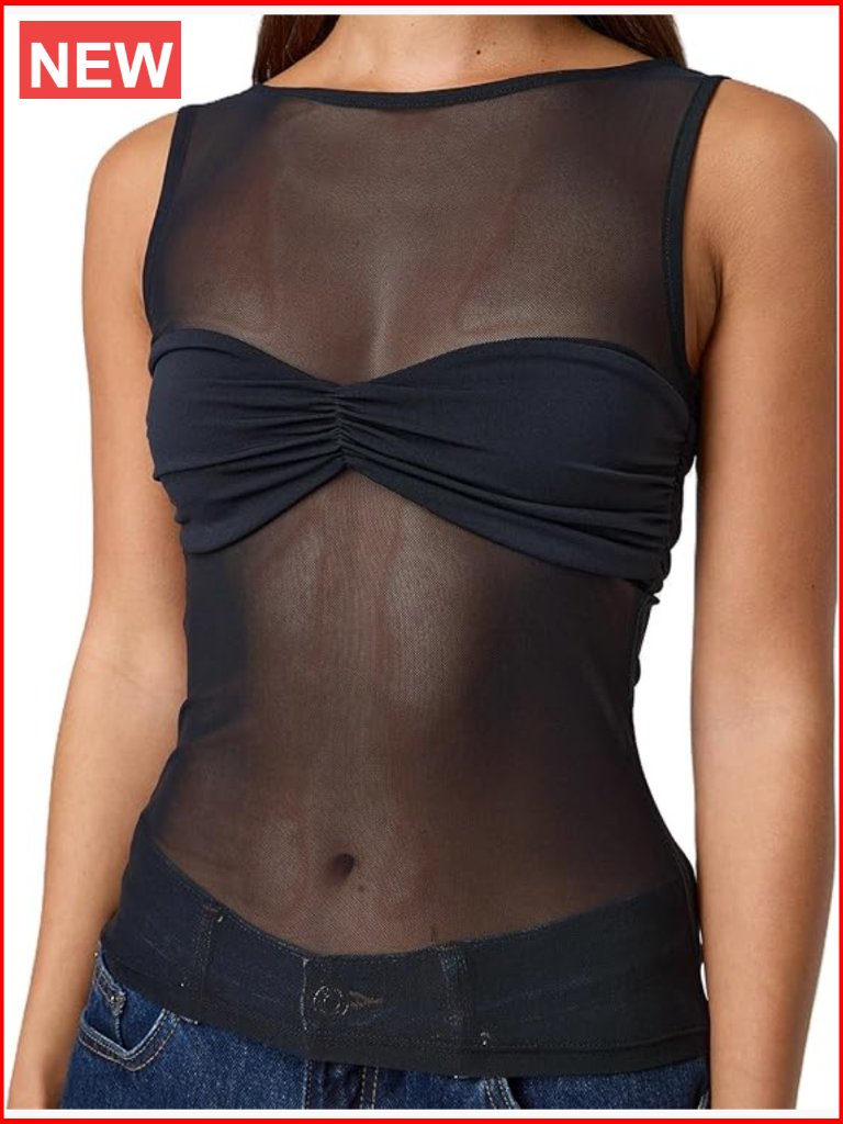 Sheer Mesh Sleeveless Crew Neck Slim Fit Tank Top